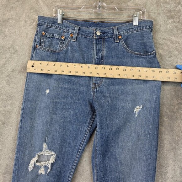 Levis 501 Jeans Womens 32 Blue Button Fly Distressed Denim Pants Straight Leg - Picture 5 of 13